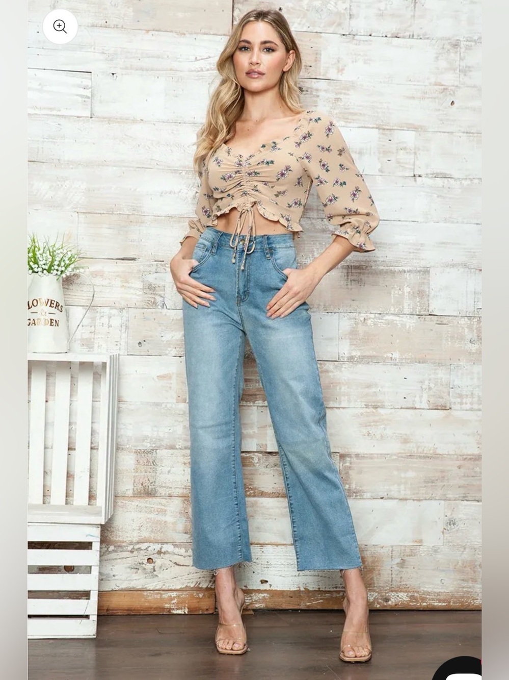Papermoon Floral Ruched Tie-Front Crop Top in Beige - Picture 4 of 7